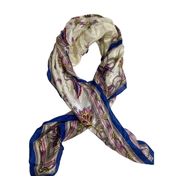 Large Square Satin Scarf With Multicolor Floral Pattern & Blue Border - Picture 1 of 6
